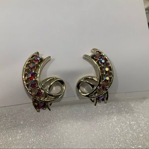 Rhinestone Vtg Aurora Borealis Clip Earrings handcrafted Jewel Creations